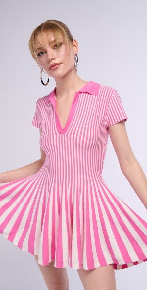 AKIRA - ALINA PLEATED KNIT FIT AND FLARE MINI DRESS IN PINK MULTI