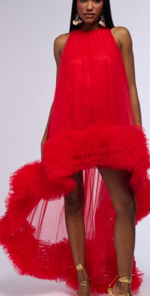 AKIRA ARI TULLE RUFFLE HIGH LOW MINI DRESS IN RED