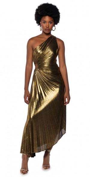 AKIRA - ELEVATE ME PLEATED CUT OUT METALLIC MIDI DRESS IN BROWN