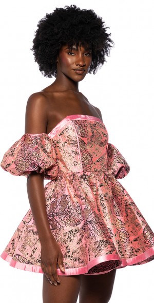 AKIRA ELOISE OFF THE SHOULDER BROCADE MINI DRESS IN PINK