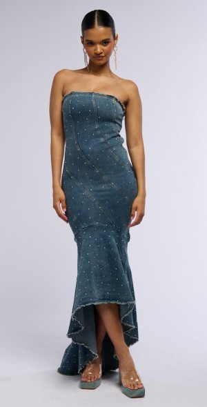 white christmas dresses DENIM PATCHWORK MINI DRESS – AKIRA main image 1