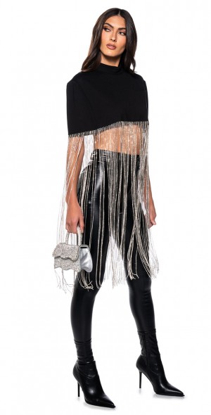 AKIRA - NEW LEVEL SHINE RHINESTONE FRINGE CROPPED CAPE IN BLACK