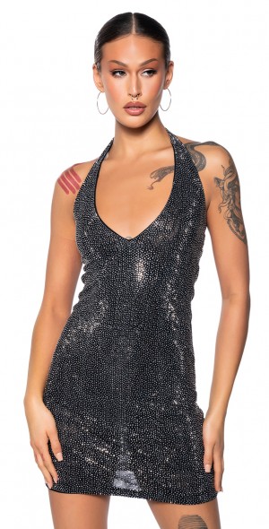 AKIRA SHES GLOWING RHINESTONE MINI DRESS IN BLACK