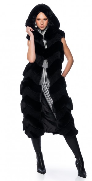 AZALEA WANG - JEMI MIX MATERIAL FAUX FUR VEST IN BLACK