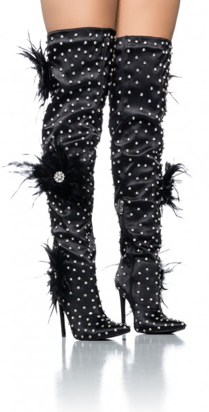 AZALEA WANG TARYN BLACK SATIN FEATHER FLOWER THIGH HIGH BOOT
