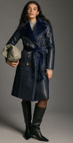 Avec Les Filles Faux Leather Furry Mix Belted Trench Coat Jacket