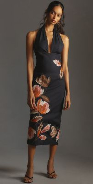 By Anthropologie - Halter Embroidered Floral Midi Dress