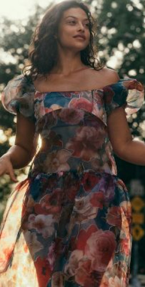 By Anthropologie - Puff-Sleeve Off-The-Shoulder Drop-Waist Sheer Midi Dress