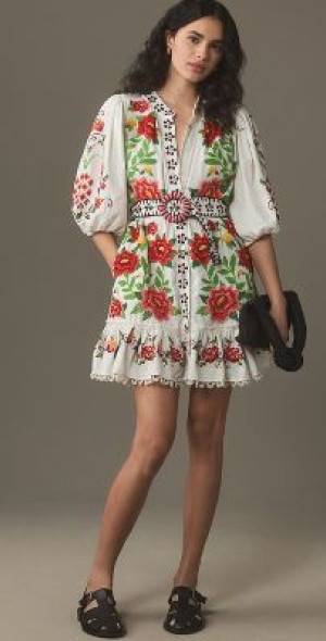 Farm Rio - Carmina Short-Sleeve Embroidered Floral Mini Dres
