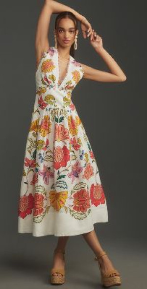 knee length dresses for ladies Multicolor Delicate Floral Stripes Lenzing™ Ecovero™ Euroflax™ Maxi Dr – FARM  Rio main image 0