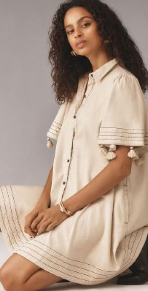 Maeve - Collared Linen Button-Front Tassel Mini Dress