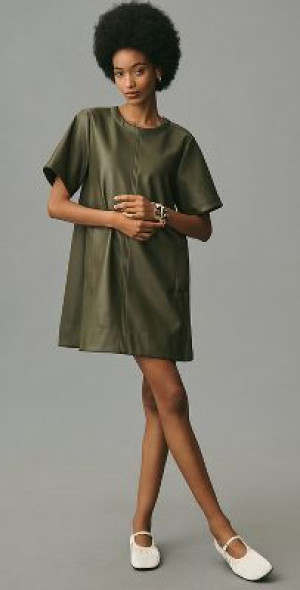 Maeve - The Emmy Short-Sleeve Swing Mini Dress by : Faux-Leather Edition