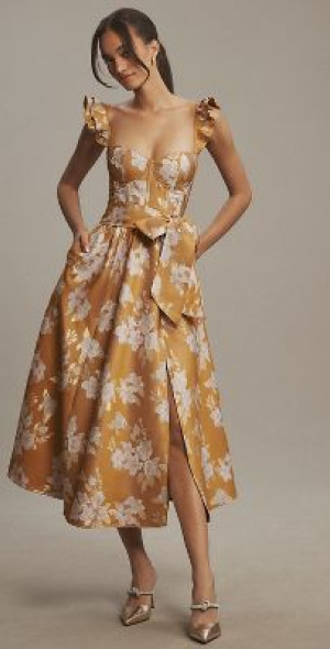 v. chapman vera ruffle-strap corset side-slit midi dress The Vera Dress in Gold Baroque Floral 12 / Gold Baroque Floral