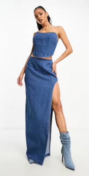 afrm denim dress AFRM - nadia denim maxi skirt in midwash blue with high rise slit