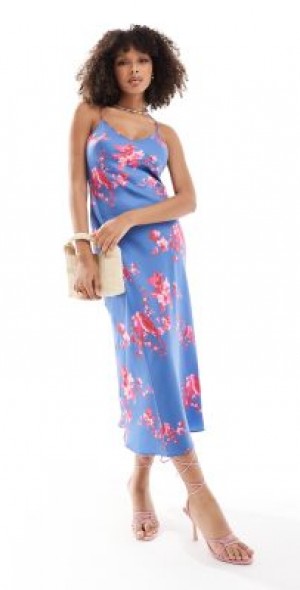 AllSaints Bryony Iona satin midi slip dress in purple/neon pink