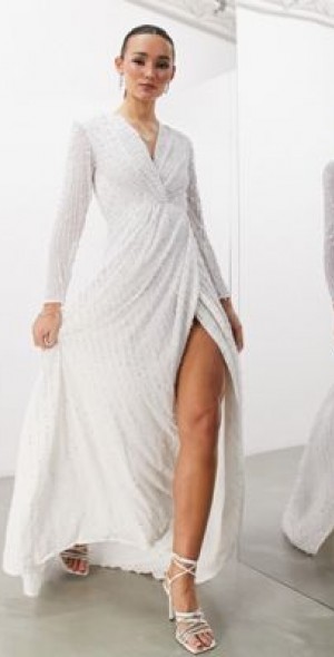 ASOS DESIGN Alexa sequin long sleeve wrap wedding dress in white