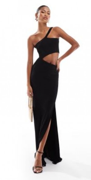 asos black asymmetric dress ASOS Cupped Maxi Dress With Asymmetric Sleeve Seam Detail in Blue