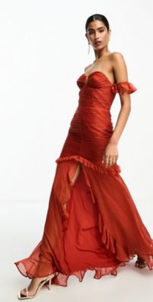 chinese dress ladies Rent ASOS DESIGN Satin Maxi Dress with Batwing Sleeve and Wrap Waist in Rust
