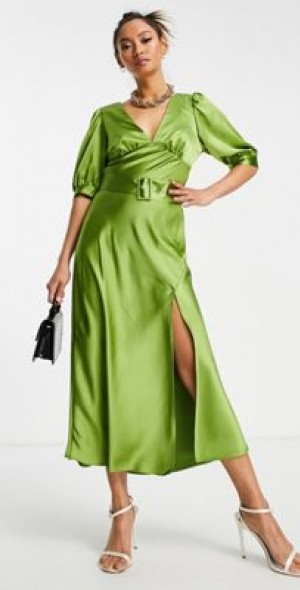 green emerald velvet dress Asos Design Long Sleeve Knot High Split Satin Midi Dress In Olive Green
