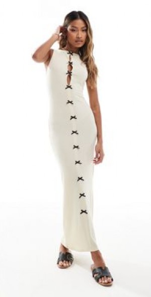 ASOS DESIGN - Bow front rib midaxi dress in cream-White