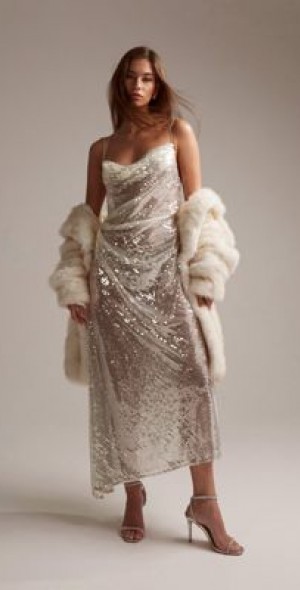 ASOS DESIGN - bridal asymmetric bias draped cami midaxi dress in sheer  sequin-White