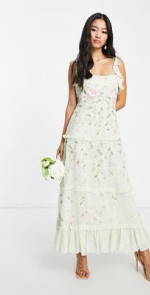 knee length dresses for ladies Asos Edition Velvet Wrap Midi Dress In Large Bloom Floral Embroidery In  Green