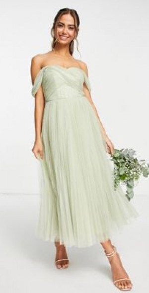 ASOS DESIGN - Bridesmaid off shoulder tulle midi dress with tie back and  pleated skirt in Sage-Green