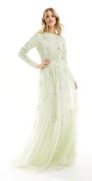 chinese dress ladies Wedtrend Women Sage Green Long Bridesmaid Dress with Long Sleeves A Line Off The Shoulder Wedding Guest Dress, Sage / US10 main image 0