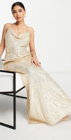 ASOS DESIGN - cami embellished maxi dress with a belt in gold ASOS DESIGN - cami embellished maxi dress with a belt in gold