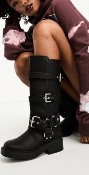 ASOS DESIGN - Captain multi-buckle biker boots in black display picture 2