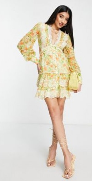 ASOS DESIGN - chiffon tiered mini dress with lace applique in meadow ditsy  floral-Multi