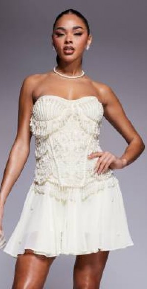 bandeau floral-appliqu corset mini dress in ivory Bandeau Floral-Appliqu Corset Mini Dress in Ivory