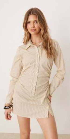 ASOS DESIGN - cotton ruched waist shirt mini dress with flared sleeve in  stripe-Multi