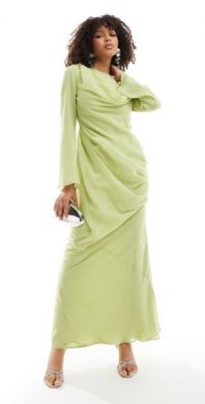ASOS DESIGN cowl overlay drape front maxi dress in lime green-Multi