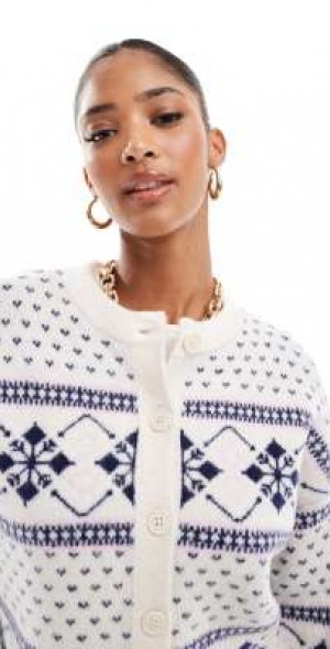 ASOS DESIGN crew neck cardigan with fairisle pattern in blue and