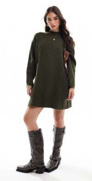 ASOS DESIGN - crew neck mini dress with wide cuff in khaki-Green ASOS DESIGN - crew neck mini dress with wide cuff in khaki-Green