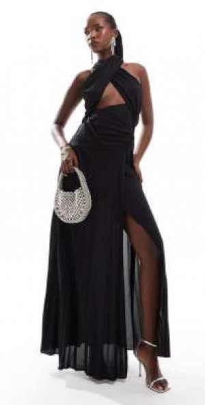 asos black pleated dress ASOS DESIGN Curve pleated bodice plunge neck midi dress in black