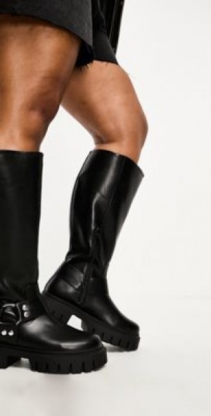 ASOS DESIGN Curve Cady knee high harness biker boots in black
