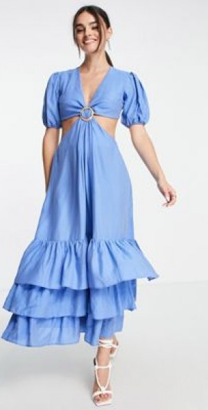 ASOS DESIGN - cut out bodice ring detail midi dress with frill hem-Blue