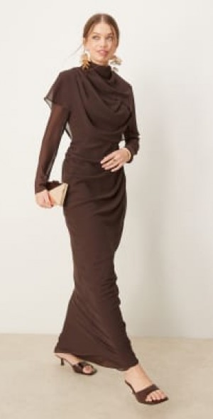 chocolate brown maxi dress with sleeves TONI - Satin halter-neck mini dress main image 1