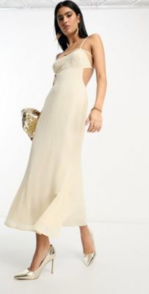 ASOS DESIGN - elasticated strappy midi dress with open back in ivory-White