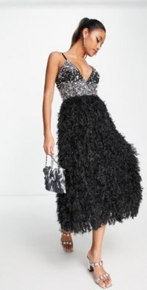 asos black feather dress Oscar de La Renta Feather Embroidered Dress