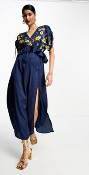 green emerald velvet dress Asos Edition Floral Embroidered Mesh Mini Dress With Blouson Sleeve In Pale  Blue main image 0