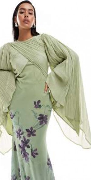 asos green floral maxi dress ASOS DESIGN one shoulder asymmetric ruffle satin embellished maxi dress in green floral print