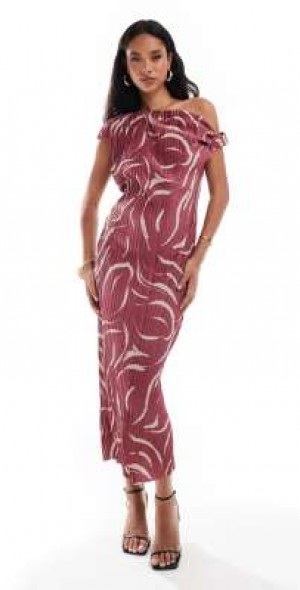 ASOS DESIGN - fallen shoulder with twist detail plisse maxi dress in rust  print-Multi