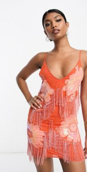 ASOS DESIGN - floral applique slip mini dress with embellishment in orange