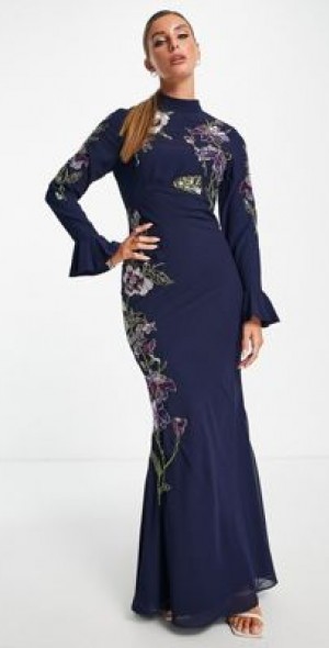 green emerald velvet dress Alyssa Blue Floral Embellished Midi Dress – Frock and Frill main image 0