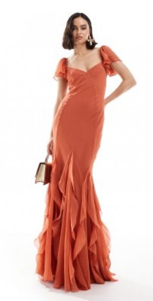 knee length dresses for ladies Rent Asos Petite Flutter Sleeve Embellished Wrap Maxi Dress With Embroidery  In Light Pink