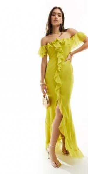 ASOS DESIGN - frill bardot bias cut maxi dress in lime green