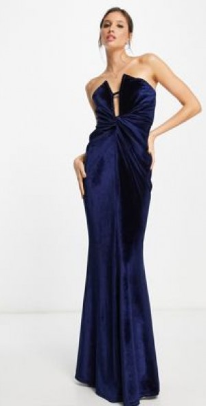 chinese dress ladies ASOS DESIGN Satin High Drape Neck Maxi With Long Sleeves In Navy main image 0